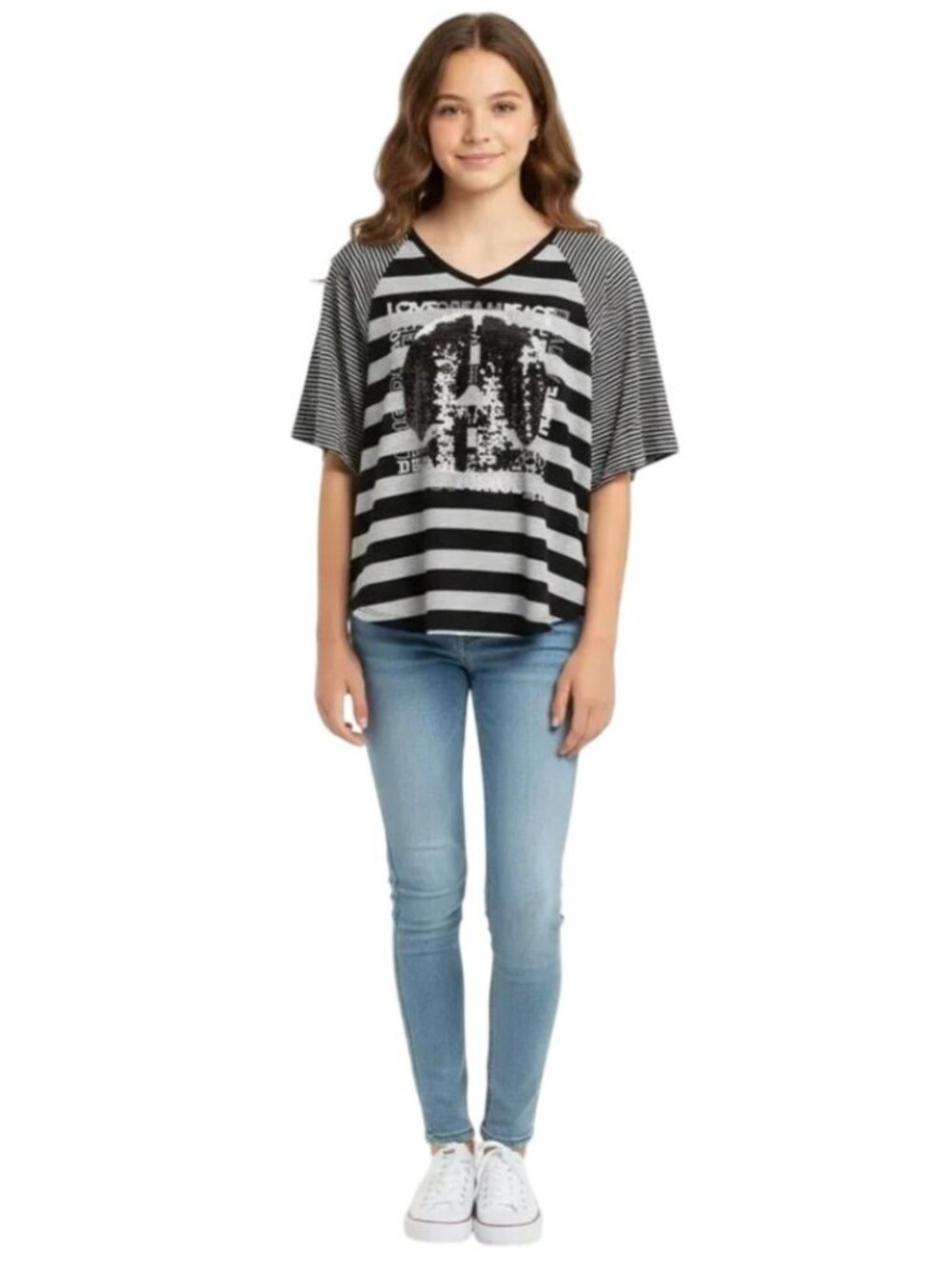 Knitworks Girl's Black Gray Striped Sequin Peace Sign Dolman Sleeve Top Size XL
